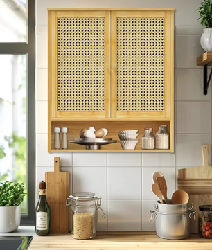 Bamboe Wandkast voor Badkamer – Hangend Opbergkastje met Deuren en Legplanken