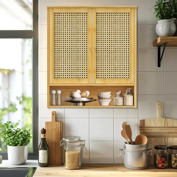 Bamboe Wandkast voor Badkamer – Hangend Opbergkastje met Deuren en Legplanken