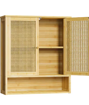 Bamboe Wandkast voor Badkamer – Hangend Opbergkastje met Deuren en Legplanken