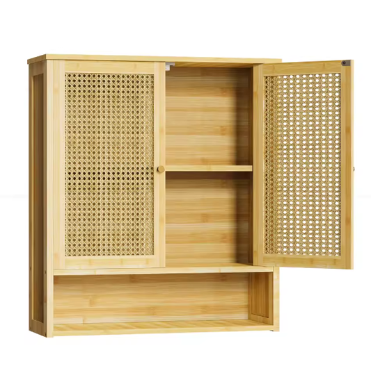 Bamboe Wandkast voor Badkamer – Hangend Opbergkastje met Deuren en Legplanken