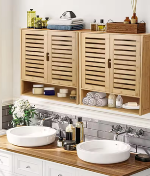 Bamboe Wandkast met Dubbele Deur – Hangende Badkamerkast met Verstelbare Planken