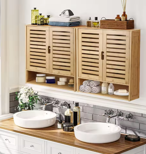 Bamboe Wandkast met Dubbele Deur – Hangende Badkamerkast met Verstelbare Planken