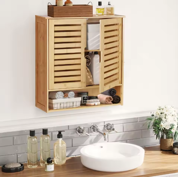 Bamboe Wandkast met Dubbele Deur – Hangende Badkamerkast met Verstelbare Planken