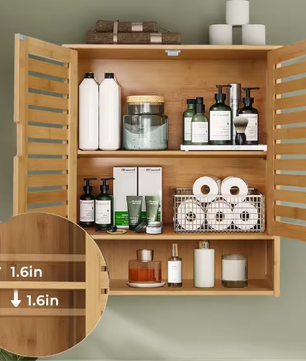 Bamboe Wandkast met Dubbele Deur – Hangende Badkamerkast met Verstelbare Planken