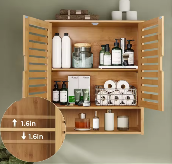 Bamboe Wandkast met Dubbele Deur – Hangende Badkamerkast met Verstelbare Planken