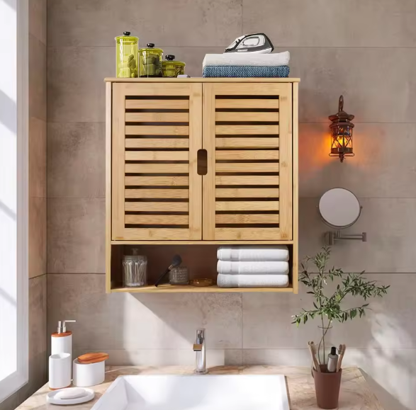 Bamboe Wandkast met Dubbele Deur – Hangende Badkamerkast met Verstelbare Planken