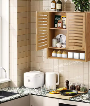 Bamboe Wandkast met Dubbele Deur – Hangende Badkamerkast met Verstelbare Planken