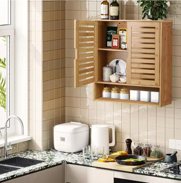 Bamboe Wandkast met Dubbele Deur – Hangende Badkamerkast met Verstelbare Planken