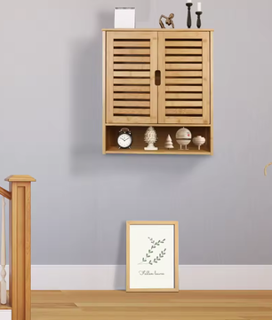 Bamboe Wandkast met Dubbele Deur – Hangende Badkamerkast met Verstelbare Planken