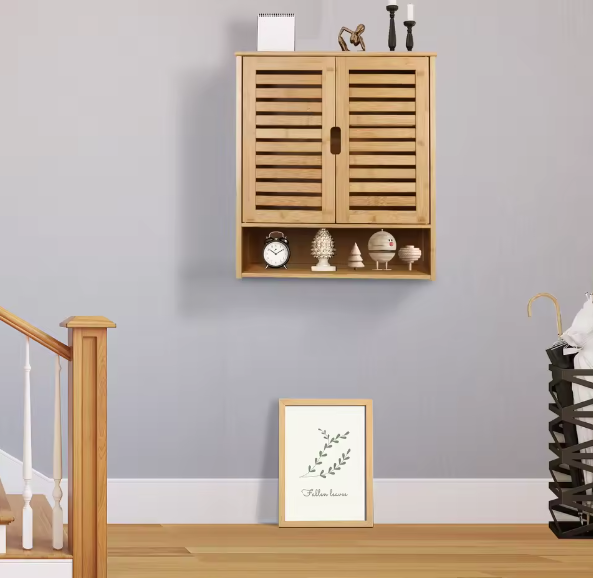 Bamboe Wandkast met Dubbele Deur – Hangende Badkamerkast met Verstelbare Planken