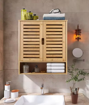 Bamboe Wandkast met Dubbele Deur – Hangende Badkamerkast met Verstelbare Planken