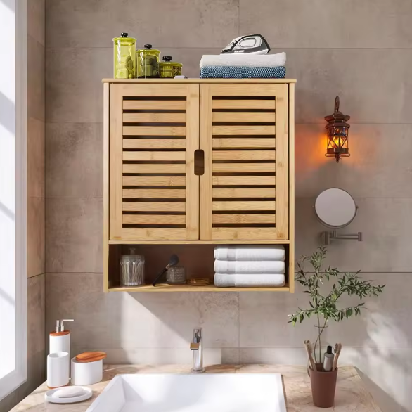 Bamboe Wandkast met Dubbele Deur – Hangende Badkamerkast met Verstelbare Planken