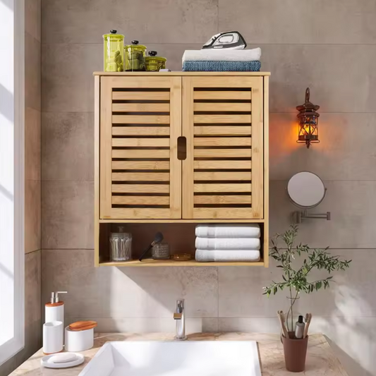 Bamboe Wandkast met Dubbele Deur – Hangende Badkamerkast met Verstelbare Planken