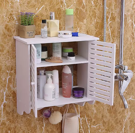 Wandgemonteerde Badkamerkast met Dubbele Deuren – Ruimtebesparende Opbergkast met 2 Lagen