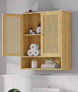 Bamboe Badkamer Wandkast met 2 Deuren – Opbergkast met 3 Planken