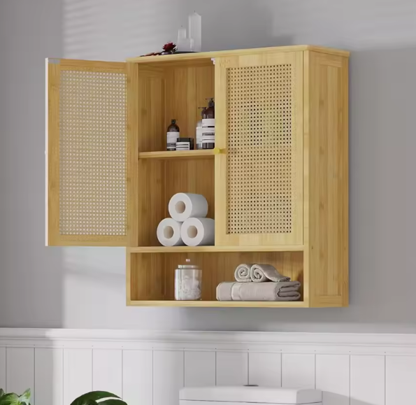 Bamboe Badkamer Wandkast met 2 Deuren – Opbergkast met 3 Planken