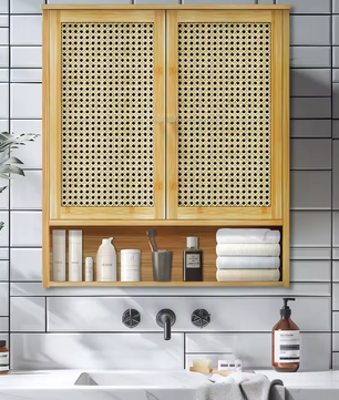 Bamboe Badkamer Wandkast met 2 Deuren – Opbergkast met 3 Planken