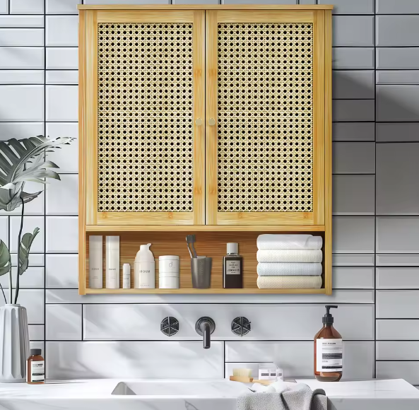 Bamboe Badkamer Wandkast met 2 Deuren – Opbergkast met 3 Planken