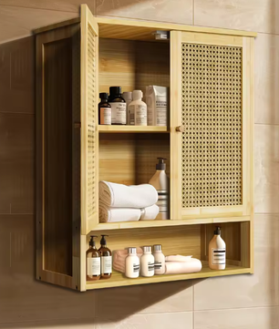 Bamboe Badkamer Wandkast met 2 Deuren – Opbergkast met 3 Planken