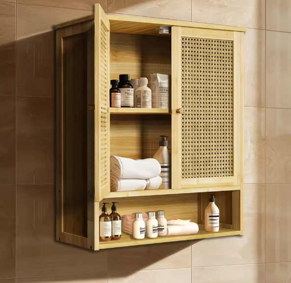 Bamboe Badkamer Wandkast met 2 Deuren – Opbergkast met 3 Planken