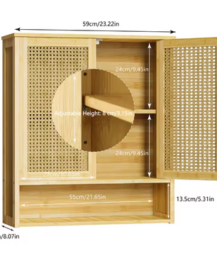 Bamboe Badkamer Wandkast met 2 Deuren – Opbergkast met 3 Planken