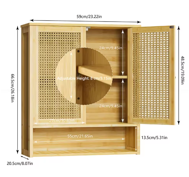 Bamboe Badkamer Wandkast met 2 Deuren – Opbergkast met 3 Planken