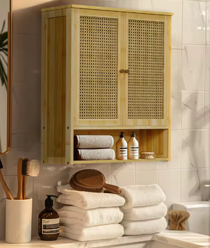 Bamboe Badkamer Wandkast met 2 Deuren – Opbergkast met 3 Planken