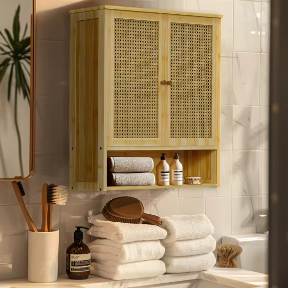 Bamboe Badkamer Wandkast met 2 Deuren – Opbergkast met 3 Planken