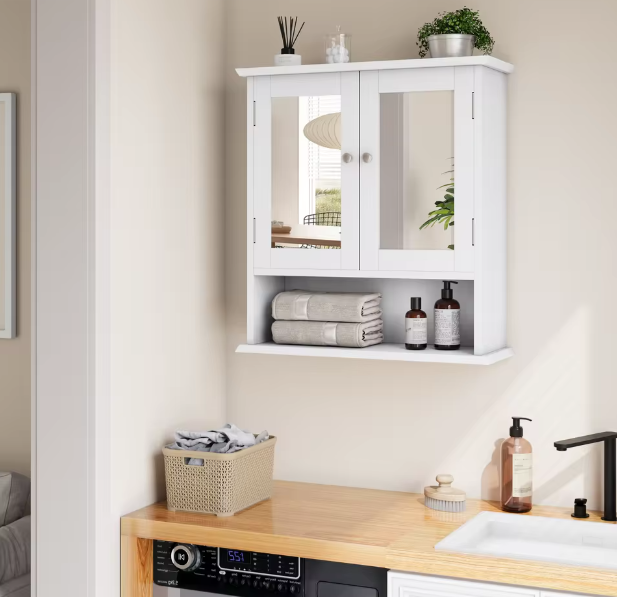 Badkamerkast met Spiegel – Wandkast met Verstelbare Plank en Opbergvak