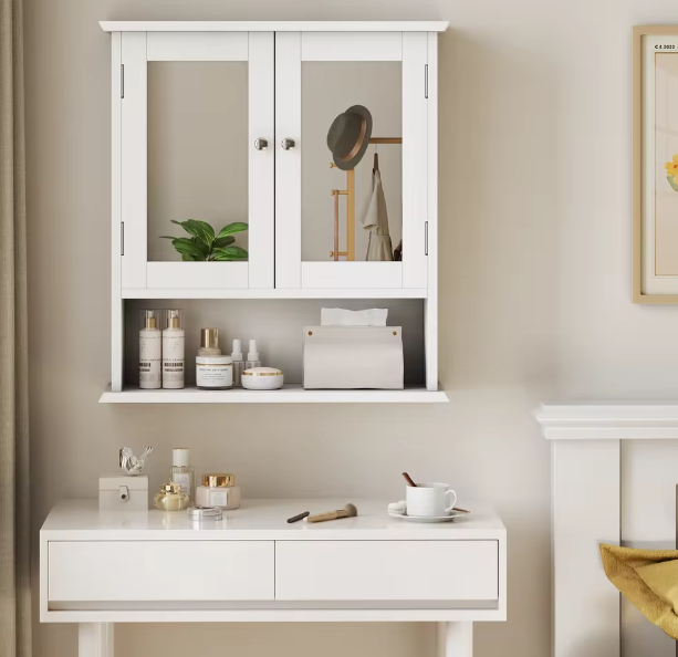 Badkamerkast met Spiegel – Wandkast met Verstelbare Plank en Opbergvak