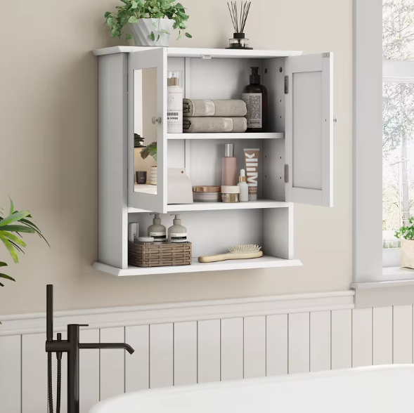 Badkamerkast met Spiegel – Wandkast met Verstelbare Plank en Opbergvak