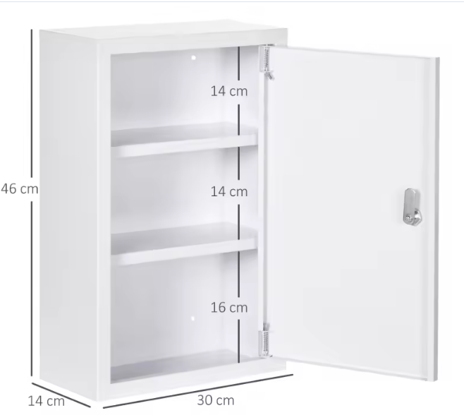 Afsluitbaar Medicijnkastje – Stalen Wandkast met 3 Vakken (30 × 14 × 46 cm)