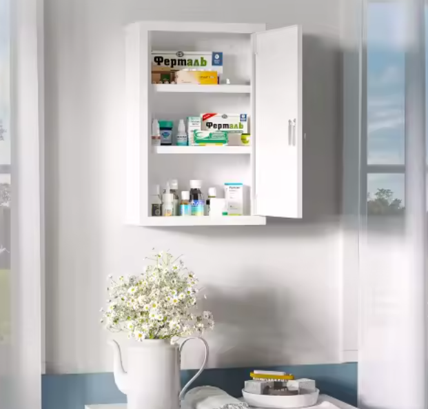 Afsluitbaar Medicijnkastje – Stalen Wandkast met 3 Vakken (30 × 14 × 46 cm)