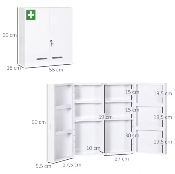 Medicijnkastje met 2 Deuren – Stalen Wandkast met 6 Planken, Afsluitbaar en Ruimtebesparend (Wit)