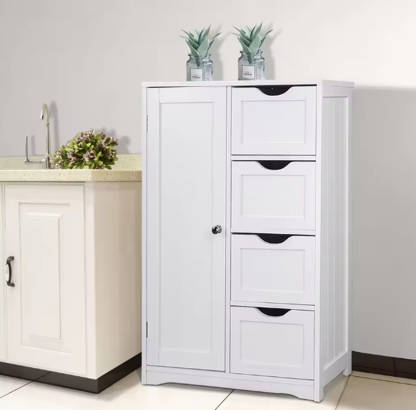 Hoge Badkamerkast met 4 Laden – Compacte Opbergkast voor Badkamer en Toilet