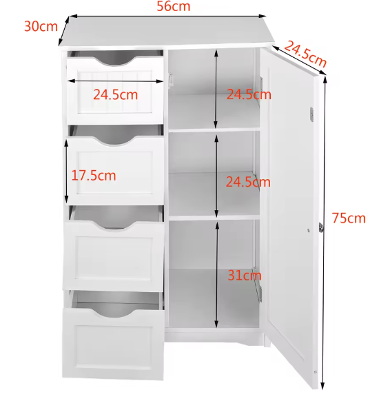 Hoge Badkamerkast met 4 Laden – Compacte Opbergkast voor Badkamer en Toilet