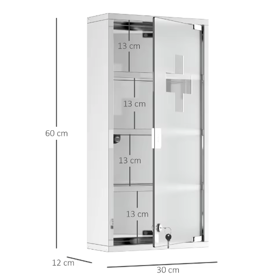 Medicijnkastje van Roestvrij Staal – Afsluitbare EHBO Wandkast met Veiligheidsglas