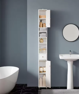 Hoge Badkamerkast met 5 Vakken – Smal Opbergmeubel met Lade en Deuren (Wit, 20×180×20 cm)