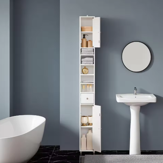 Hoge Badkamerkast met 5 Vakken – Smal Opbergmeubel met Lade en Deuren (Wit, 20×180×20 cm)