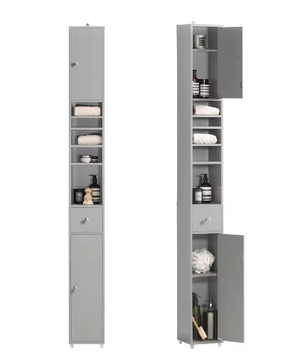 Hoge Badkamerkast met 5 Vakken – Smal Opbergmeubel met Lade en Deuren (Wit, 20×180×20 cm)