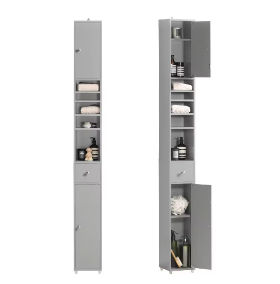 Hoge Badkamerkast met 5 Vakken – Smal Opbergmeubel met Lade en Deuren (Wit, 20×180×20 cm)