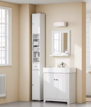 Hoge Badkamerkast met 5 Vakken – Smal Opbergmeubel met Lade en Deuren (Wit, 20×180×20 cm)