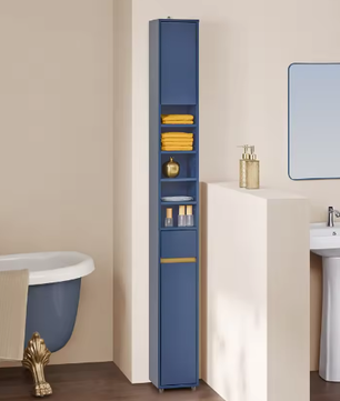 Hoge Badkamerkast met 5 Vakken – Smal Opbergmeubel met Lade en Deuren (Wit, 20×180×20 cm)