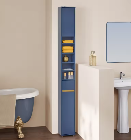 Hoge Badkamerkast met 5 Vakken – Smal Opbergmeubel met Lade en Deuren (Wit, 20×180×20 cm)