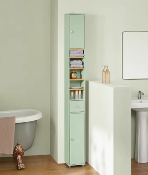 Hoge Badkamerkast met 5 Vakken – Smal Opbergmeubel met Lade en Deuren (Wit, 20×180×20 cm)