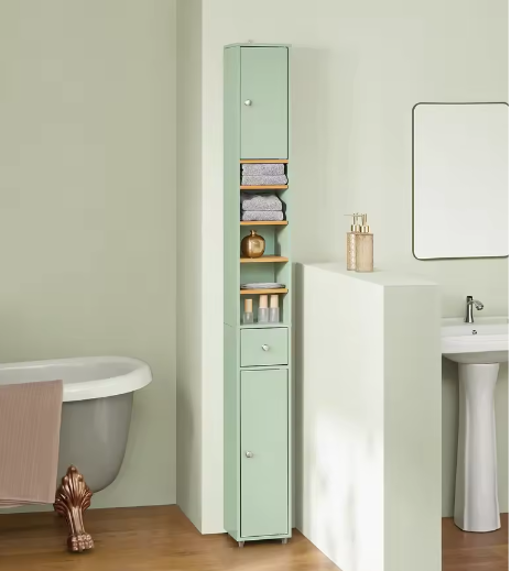 Hoge Badkamerkast met 5 Vakken – Smal Opbergmeubel met Lade en Deuren (Wit, 20×180×20 cm)