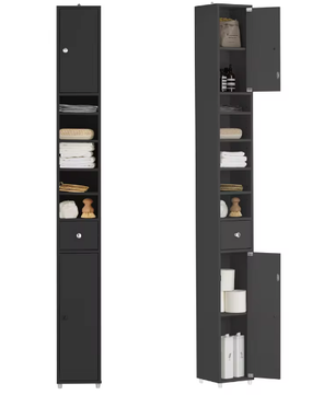 Hoge Badkamerkast met 5 Vakken – Smal Opbergmeubel met Lade en Deuren (Wit, 20×180×20 cm)
