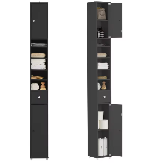 Hoge Badkamerkast met 5 Vakken – Smal Opbergmeubel met Lade en Deuren (Wit, 20×180×20 cm)