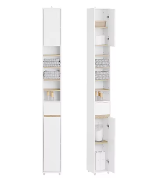 Hoge Badkamerkast met 5 Vakken – Smal Opbergmeubel met Lade en Deuren (Wit, 20×180×20 cm)