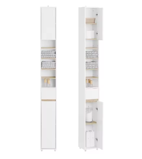 Hoge Badkamerkast met 5 Vakken – Smal Opbergmeubel met Lade en Deuren (Wit, 20×180×20 cm)